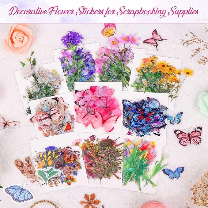 401Pcs Transparent Flower and Butterfly Stickers, Clear Floral Scrapbook Stickers Supplies for Journal Planner Notebook Resin Card Making Laptop Cell Phone Decorating