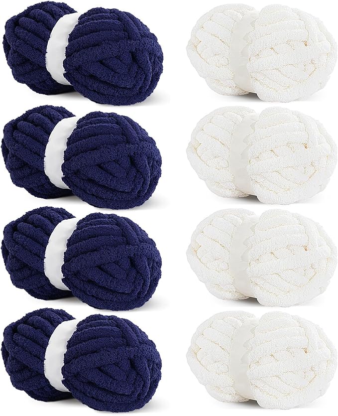 HOMBYS 8 Pack Assorted Chunky Yarn for Crocheting,Super Bulky Large Soft Fluffy Yarn,Plush Fuzzy Yarn,Thick Chenille Yarn for Hand Knitting/Arm Knitting,4 Cream & 4 Navy Blue(27yds,8 oz Each Skein)
