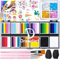 Professional Face Painting Kit for Kids Adults, Rainbow Split Cake Face Paint Makeup Palette 12 x 10gm+ 4 Colors Pro Pressed Glitter Eyeshadow Palette, with Brushes Sponges Stencils Gems