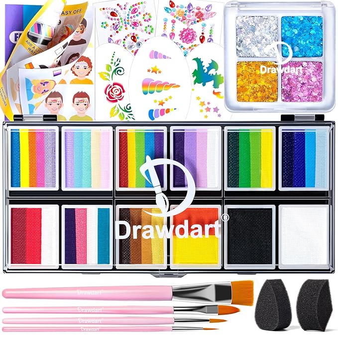 Professional Face Painting Kit for Kids Adults, Rainbow Split Cake Face Paint Makeup Palette 12 x 10gm+ 4 Colors Pro Pressed Glitter Eyeshadow Palette, with Brushes Sponges Stencils Gems