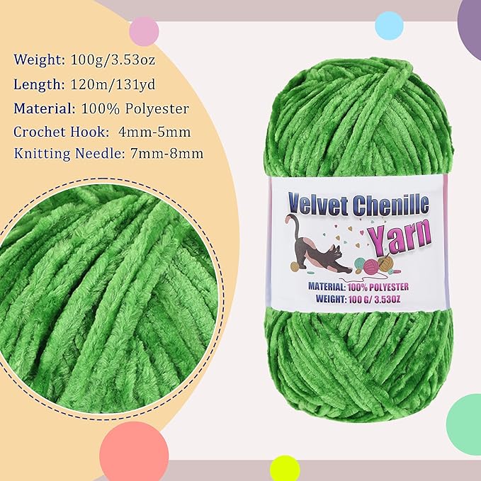 4 * 100g Fluffy Velvet Chenille Yarn for Crocheting and Knitting, Handcrafts Weaving Soft Chenille Yarn for Crocheting Clearance, Used for Making Baby Yarn Blanket, Clothes, DIY Craft (Green)