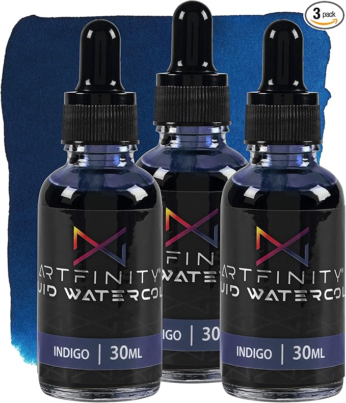 Liquid Watercolor Paint 30 ml Bottle - 3 Pack, Indigo - Vibrant Dye-Based Liquid Watercolor w/Glass Pipette, Fast-Drying, Fine Art Paint for Calligraphy, Airbrushing & Traditional Art