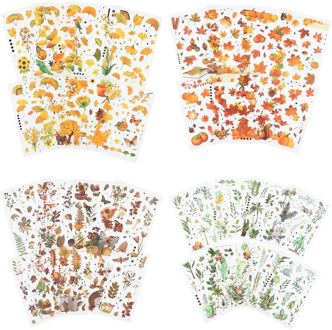 510 Pcs Natural Flower Stickers, 32 Sheets Vintage Leaf, Transparent Waterproof Fall Stickers for DIY Craft, Scrapbook,Card Making,Journal,Planner,Notebook