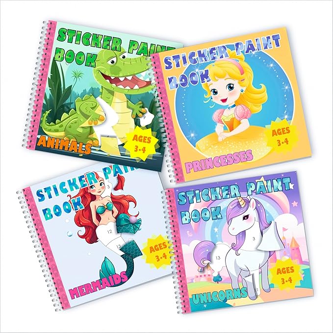 BulbaCraft 4Pcs Sticker Paint Books - Sticker Books by Number with Mermaids, Princesses, Animals and Unicorns - Coloring Activity