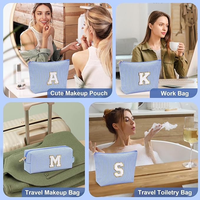 YOOLIFE Personalized Makeup Bag for Women - Monogram Cosmetic Bags Travel Toiletry Bag Brush Holder Birthday Gifts for Women Her Wedding Bridesmaid Friend Sister Teacher Wife Blue S