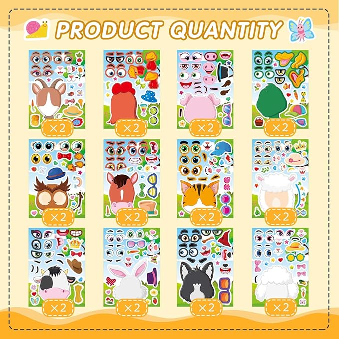 48 Sheets Make a Face Sticker Sheets for Kids, Make Your Own Animal Stickers Party Favors Goodie Bags Stuffers Crafts Activities Gifts for Kids Toddler Birthday Classroom Supplies