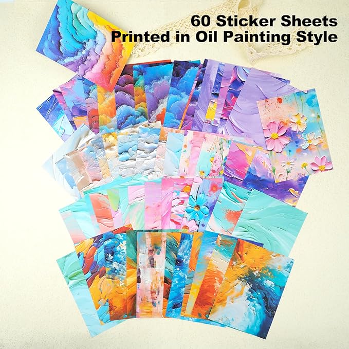 60 Sheets Oil Painting Washi Stickers – Flat Printed Abstract Designs on Self-Adhesive Writable Paper with Smooth Matte Finish for Scrapbook, Journaling & DIY Collage