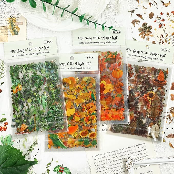 510 Pcs Natural Flower Stickers, 32 Sheets Vintage Leaf, Transparent Waterproof Fall Stickers for DIY Craft, Scrapbook,Card Making,Journal,Planner,Notebook