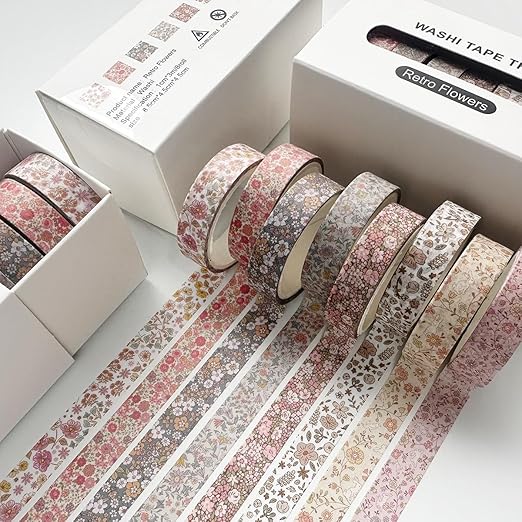 YUBX Vintage Washi Tape Set 8 Rolls Thin Retro Decorative Antique Patterns Masking Tapes for Arts, DIY Crafts, Journals, Planners, Scrapbook, Wrapping (Little Flowers)