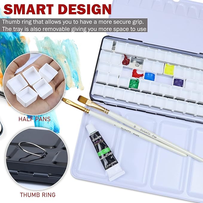DUGATO Large Empty Watercolor Palette Tin with Lid - Holds 48 Half Pans (63 Included), 5 Fold-Out Mixing Areas - Metal Travel Box for Artists