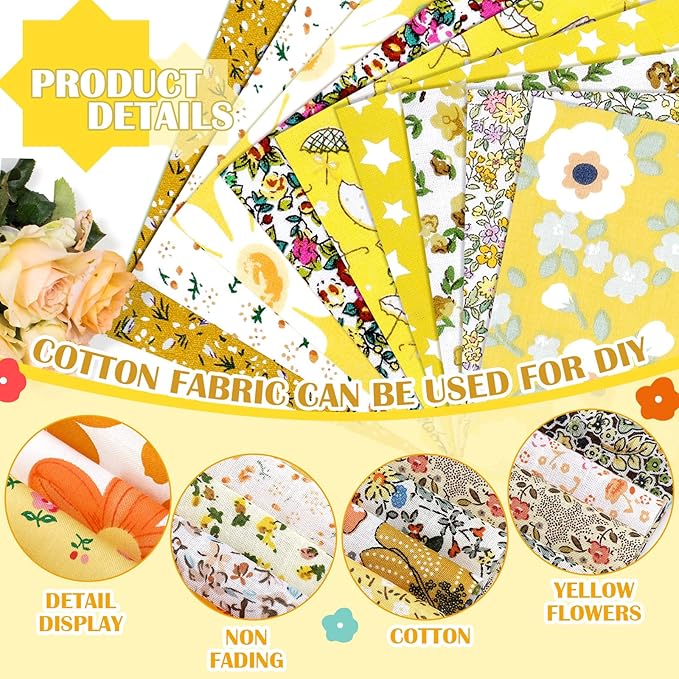 Kinlop 600 Pcs 5 x 5 Inch Floral Charm Packs for Quilting Yellow Flower Cotton Fabric Square Bulk Precut Fabric Squares Strips Printed Yellow Floral Patchwork for DIY Craft Sewing Accessory