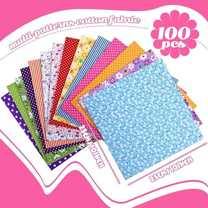 Oudain 100 Pcs 10 x 10 Inch Cotton Fabric Squares Multicolor Precut Quilting Fabric Bundles Floral Patchwork Materials for Holiday DIY Craft Cloths Handmade Sewing Scrapbooking