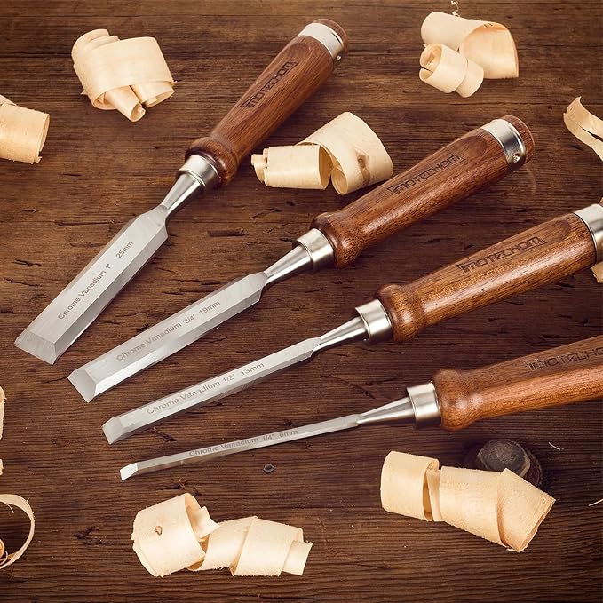 4-Pieces Woodworking Wood Chisel Set with Canvas Bag, Razor Sharp CR-V 60 Steel Blades