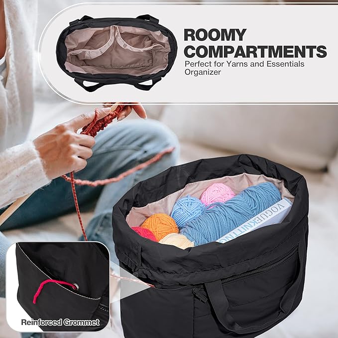 Teamoy Large Knitting Bag Tote, Puffer Yarn Storage Bag, Drawstring Crochet Bag Organizer for Yarn Skeins and Crocheting Supplies, Black