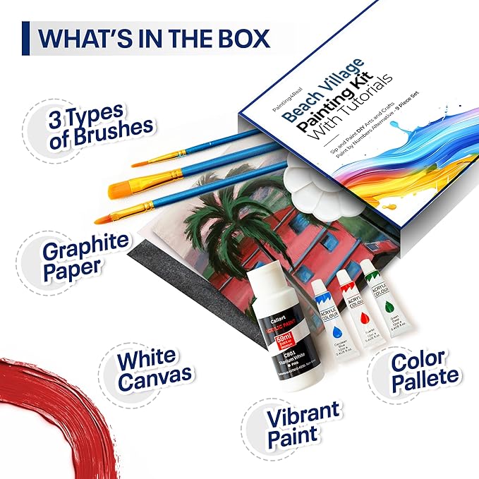 Painting4Real DIY Art Painting Kit for Adults – Learn to Paint Beach Village with Video Tutorials – 9 Pieces Acrylic Paint Set for Adults –Perfect Christmas Crafts & Holiday Gifts for Art Lovers