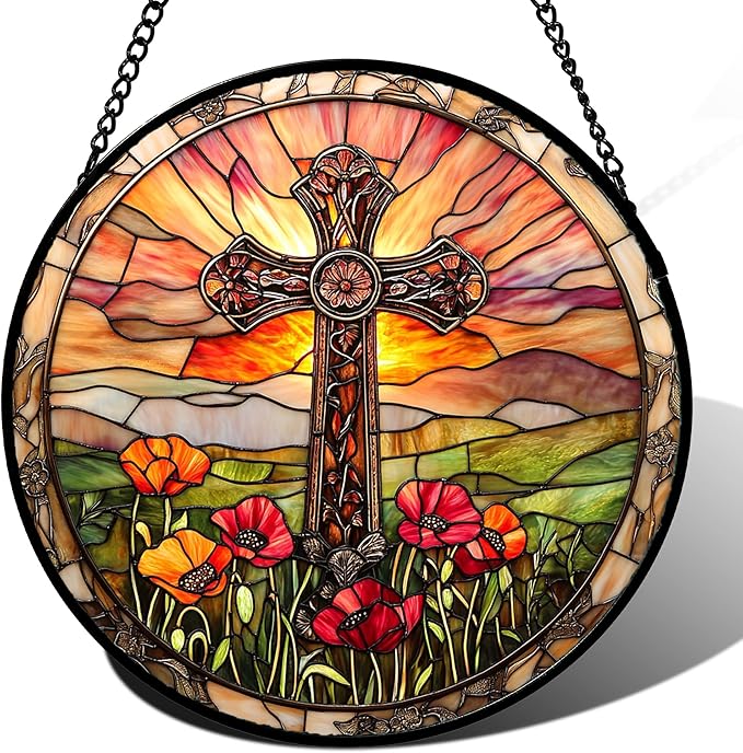 Christian Gifts for Women - Cross Stained Glass Window Hanging Jesus Easter Poppy Sunset Landscape Sun Catcher Garden Religion Decor Mother's Day Catholic Gift for Men Grandma Mom Her 15"