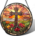 Christian Gifts for Women - Cross Stained Glass Window Hanging Jesus Easter Poppy Sunset Landscape Sun Catcher Garden Religion Decor Mother's Day Catholic Gift for Men Grandma Mom Her 9.8"