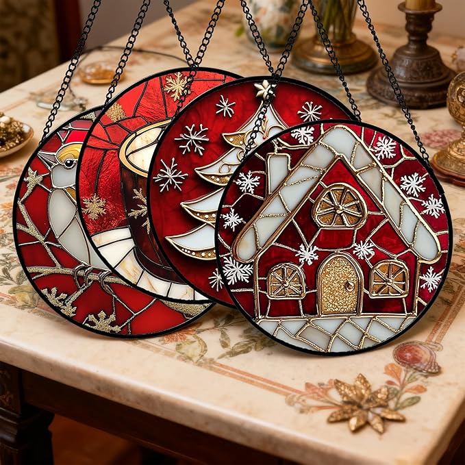 Stained Glass Window Hanging 4 Pcs Set Red Christmas Themed Decorations 9.8" - Suncatcher Door Garden Sun Catcher Decor Birthday New Year for Mom Woman Nana Men