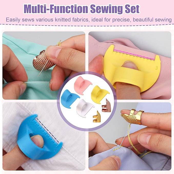 6Pcs Sewing Tool Kit-4Pcs Edge Stitch Lock & Sewing Gauge + 2Pcs Adjustable Thimble Finger Protector,Precision Measuring Tool & Needle Shield for Sewing, Quilting, DIY Crafts