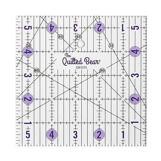 The Quilted Bear Quilting Rulers - Transparent Acrylic Non Slip Quilting, Patchwork & Sewing Ruler with Clear Black Lines & 30, 45 & 60 Degree Angles for Perfect Accuracy & Precision (5.5" x 5.5")