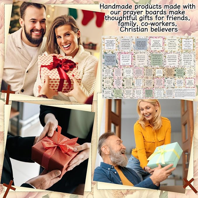 Pocket Prayer Quilt Panel Squares with Small Wooden Crosses Mini Scripture Pocket Prayer Quilt for Friend Family Religious Spiritual Gift Easter Reward Gift(Flora,Brown)