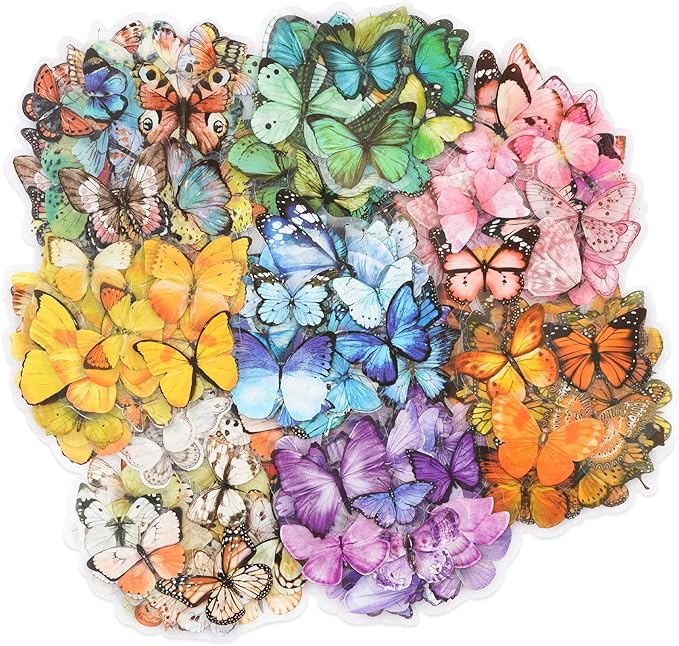 Knaid Butterfly Stickers Set (320 Pieces) Transparent Colorful Butterflies Resin Stickers Decals for Nature Scrapbook Supplies Junk Journal Bullet Journals Planners Laptops Paper Crafts