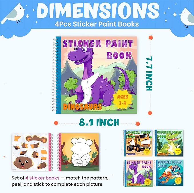 BulbaCraft 4Pcs Sticker Paint Books - Sticker Books by Number with Dinosaurs, Trucks, Animals and Under The Sea - Coloring Activity