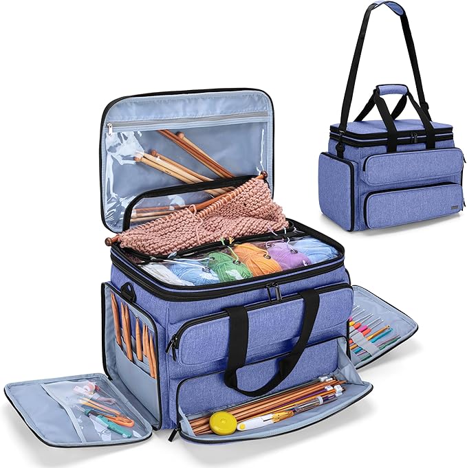 Yarwo Knitting Yarn Bag, Portable Crochet Storage Tote with Double Top Cover and Yarn Holes for Knitting Needles(Up to 14”), Unfinished Projects and Skeins of Yarn, Blue
