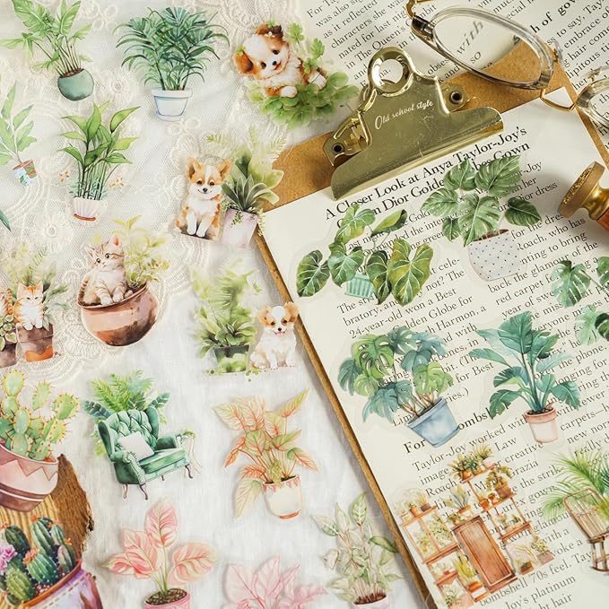 Yoksas 180Pcs Nature Green Potted Plants Stickers - Waterproof Aesthetic Botanical Scrapbook Craft Decorative Stickers for Junk Bullet Journals, Planners, Collage Album