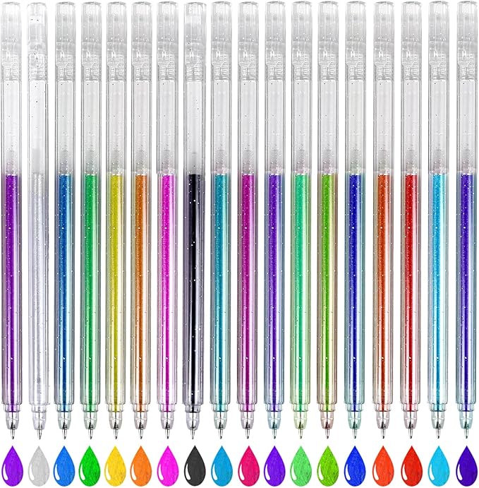 18 Colors Glitter Gel Pens for Art Supplies, Vibrant Sparkle Metallic Ink with Shimmer Effect, Fine Point Capped Set for Coloring Books, Drawing, Journaling, Note Taking and Scrapbooking