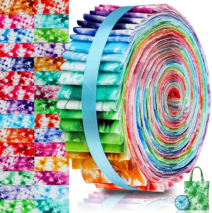 60 Pcs Christmas Quilting Fabric Roll 2.6 x 40" Cotton Fabric Strips Precut Jelly Patchwork for Craft Sewing(Tie Dye)