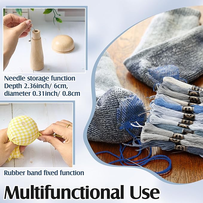 Jexine Darning Mushroom for Socks Wooden Darning Supplies Kit with Large Eye Needles Sewing Threads for Socks Clothes Adults Darner DIY Handicraft Home Sewing Care (Grey Blue)
