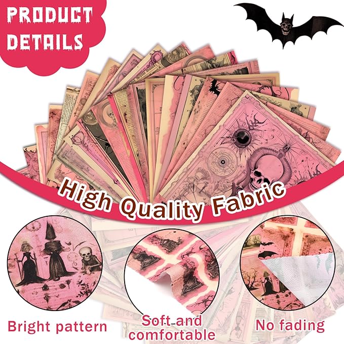 HunnmingRe 20 Pcs 10''x10'' Pink Halloween Quilting Fabric Square Skeleton Skull Bat Eyes Quiltted Fabric Bundle Black Precuts Printed Patchwork Supplies for Holiday DIY Sewing Craft