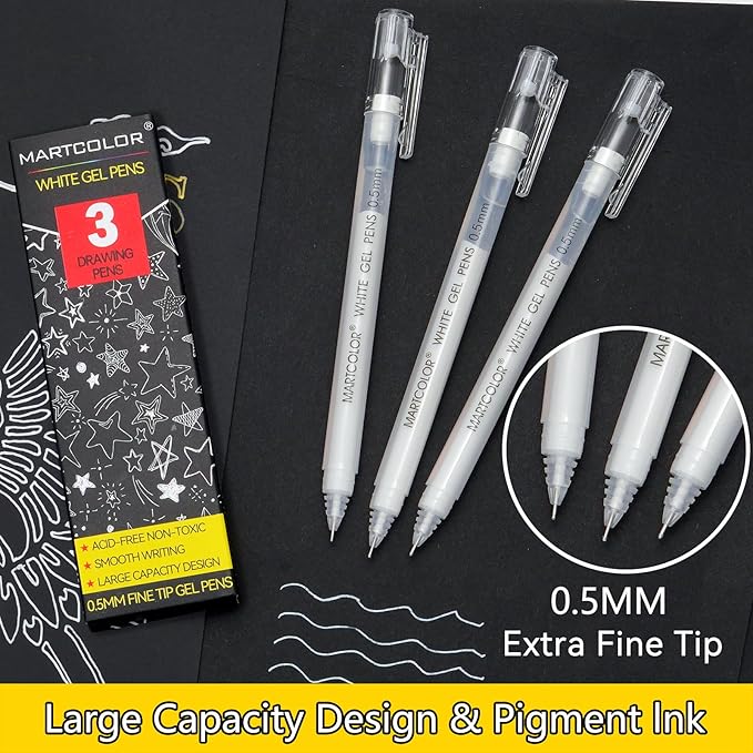 White Gel Pens, 0.5mm Extra Fine Point Opaque Archival Ink Pen for Black Paper Drawing, Art Highlight, Illustration, Bullet Journaling, Card Making & DIY Projects, 3 Pack