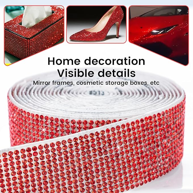 novani Self Adhesive Rhinestone Ribbon, 1.14 Inch Wide 3 Yards 1 Roll, Red Crystal Diamond Bling Strips for DIY Crafts, Home Decor, Glitter Glass Rhinestones Tape for Crafting, Car Decoration