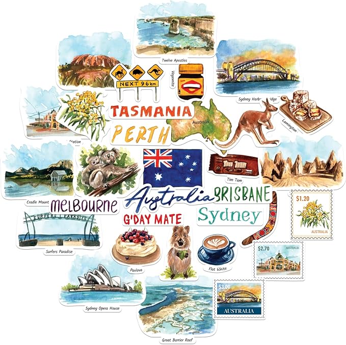 Navy Peony Outback Australia Statement Stickers - Hand-Illustrated Watercolor, Glossy, Waterproof - for Luggage, Laptops, Water Bottles (32 Pcs)