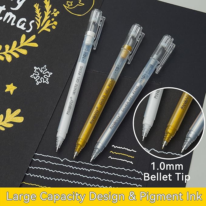 PANDAFLY Gold Silver White Gel Pens, 10 Pack, 1mm Extra Fine Point Gel Ink Pen, Opaque White Archival Ink Pens for Black Paper Drawing, Sketching, Card Making