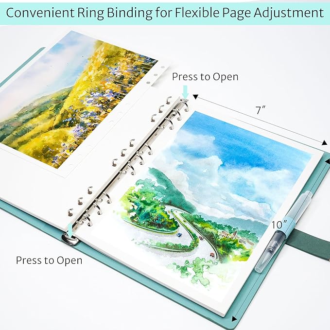 Vienrose 11" x 9" 3 Ring Watercolor Sketchbook, Faux Leather Cover Professional Art Journal with Detachable 24 Sheets 48 Pages, Ideal for Water Coloring, Sketching, Painting, Turquoise