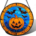 Stained Glass Window Hanging - Halloween Evil Pumpkin Suncatcher for Doors Window Garden Indoor Spooky Brown Bat Sun Catchers Gothic Decor Horror Gifts for Women Men Friend Boy Girl 7.8 in