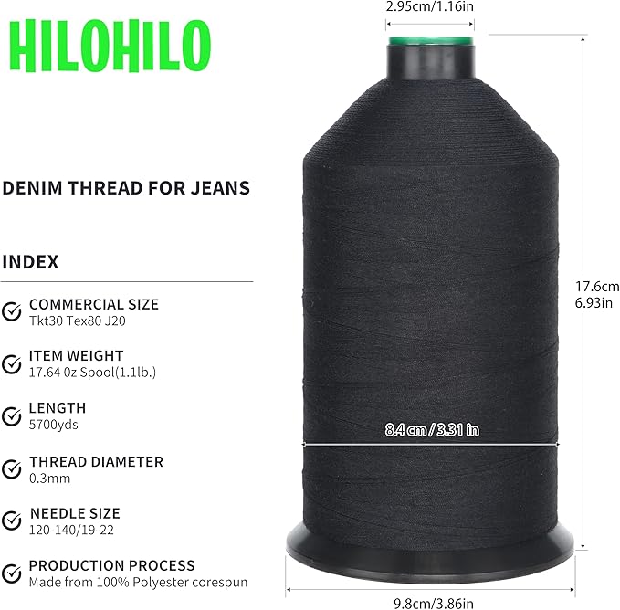 Extra Strong Polyester Corespun Thread Tkt30 Tex80 J20, 5700yds, Suitable Denim Thread for Jeans and Workwear (Black)