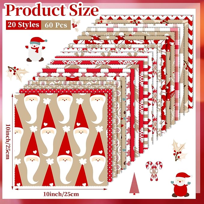 Oudain 60 Pcs 10 x 10 Inch Hot Cocoa Christmas Quilting Fabric Vintage Christmas Fat Squares Patchwork Precut Strips Santa Snowflake Candy Cane Fabric Bundles for Xmas DIY Craft Sewing