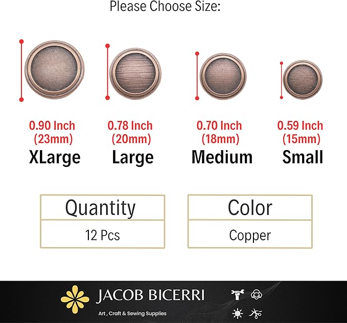 Antique Copper Metal Shank Buttons - 12 Pcs - 4 Size Options - Striped Round Metal Shank Buttons Vintage for Men Women Blazer Coat Uniform Shirt Suit and Jacket Sewing Craft DIY N22304