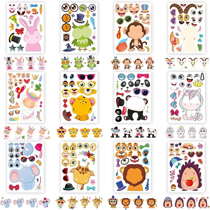 48 PCS Make a Face Stickers Sheets for Kids, Make Your Own Animal Mix and Match Stickers Sheets, Cute Animal Sticker for Birthday Party Favors Supplies Teacher Reward