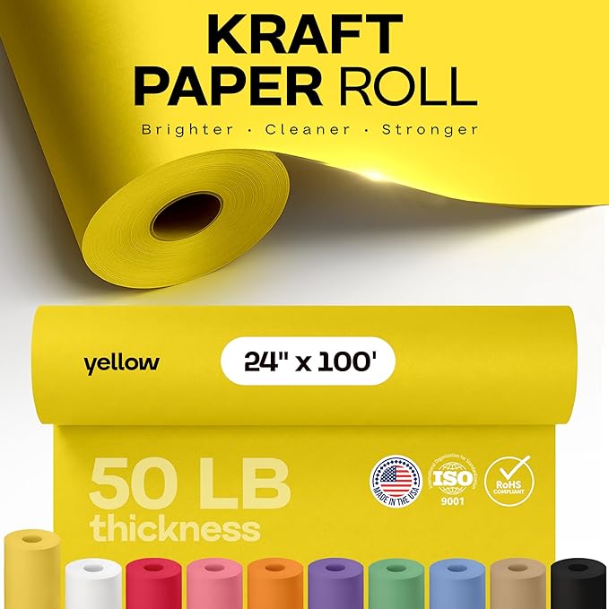 24" x 1200" (100 feet) Yellow Kraft Paper Roll - USA-Made Quality Craft Paper for Gift Wrapping, Kids' Arts & Crafts, School Projects - 100% Recycled Natural Material 50lb Thickness by IDL Packaging