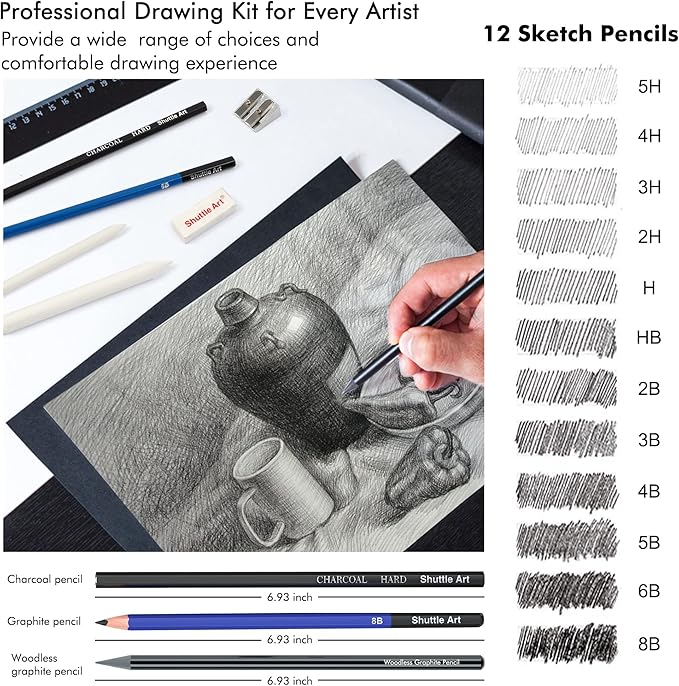 Shuttle Art Sketching and Drawing Pencils Set, 37-Piece Professional Sketch Pencils Set in Zipper Carry Case, Drawing Kit Art Supplies with Graphite Charcoal Sticks Tool Sketch book for Adults Kids