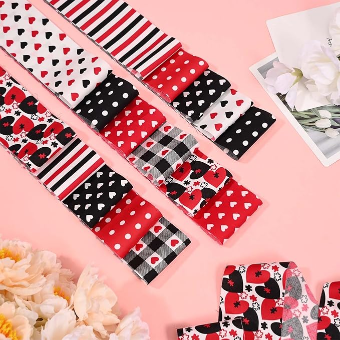 40 Pcs Red Black Love Heart Cotton Fabric Strips Polka Dots Stripes Plaid Mother's Day Fabric Bundles Strips for Quilting Crafting Precut Patchwork for Gift Sewing DIY Crafts
