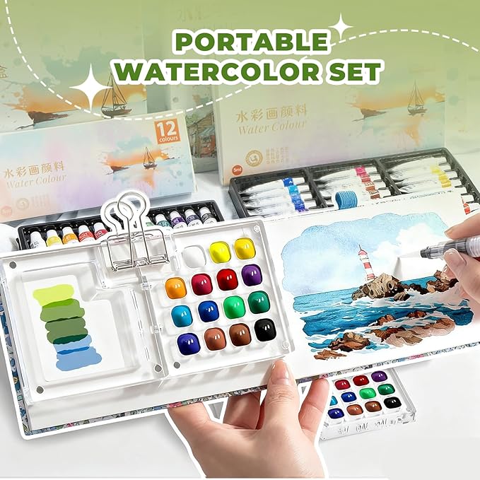 Mini Portable Watercolor Palette Set-Grid Paint Box with Binder Clips Include 24 Colors Paint - Brush*3 and Picture Album Art Materials Coloring Markers for Travel, Creative Drawing Kit for Beginners and Art Enthusiasts(Blue Wood-L)