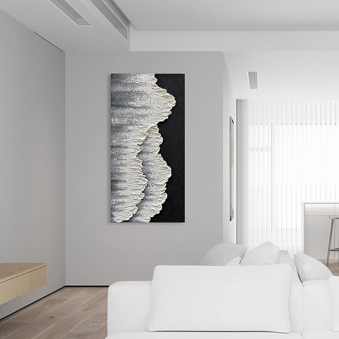 NANKAI Art Hand-Painted 3D Ocean Wave Oil Painting Natural Landscape Black and White Abstract Canvas Art Mural Family Wall Art Deco 48x24 inches