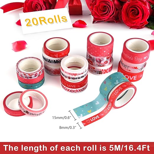 MIAHART 20 Rolls Valentines Washi Tape Set, Pink Heart Washi Tape 8MM/15MM Wide Love Craft Tape Valentines Gift Wrapping Tape for DIY Valentine's Day Greeting Card, Holiday Party Supplies