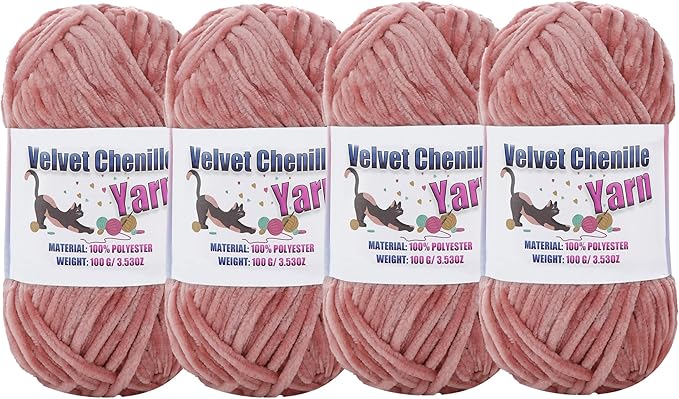 4 * 100g Fluffy Velvet Chenille Yarn for Crocheting and Knitting, Handcrafts Weaving Soft Chenille Yarn for Crocheting Clearance, Used for Making Baby Yarn Blanket, Clothes, DIY Craft (Peach)